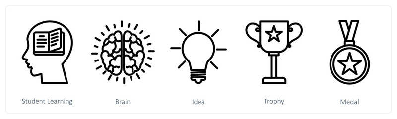 A set of 5 education icons as student learning, brain, idea