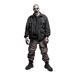 Fototapeta premium Realistic zombie with detailed skeletal features wearing dark clothing on a plain white background, captivating the essence of horror and the undead