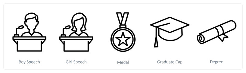 A set of 5 education icons as boy speech, girl speech, medal