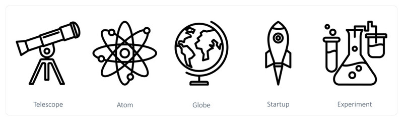 A set of 5 education icons as telescope, atom, globe