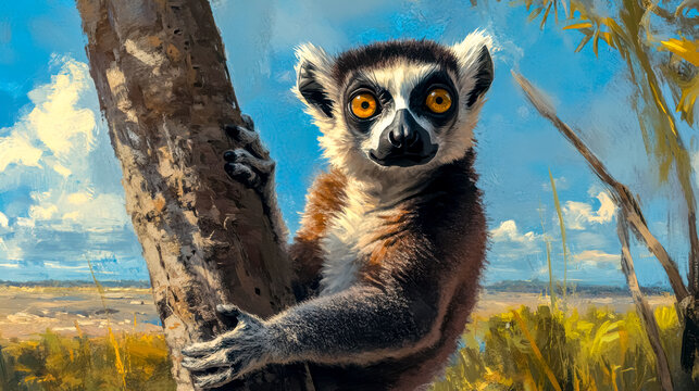 Ring tailed lemur climbing a tree in natural habitat