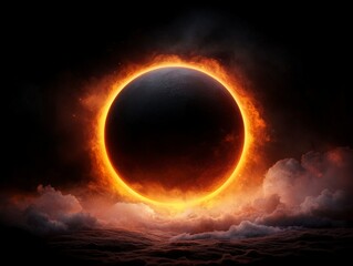 Stunning Solar Eclipse with Fiery Halo Illuminating Darkened Sky at Cosmic Moment