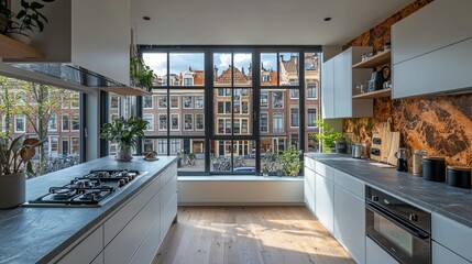Modern kitchen with city view, sunny day, interior design, ideal for showcasing contemporary living