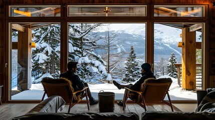 Two men relax in chairs, enjoying a breathtaking snowy mountain view through a large window of a cozy cabin.