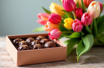 Bouquet of spring tulips and box of chocolates, greeting card for Valentine's day, mother's day, birthday