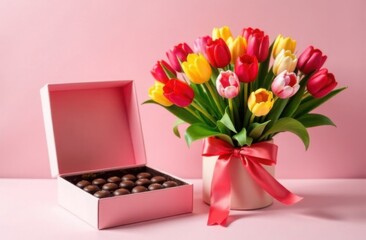 Bouquet of spring tulips and box of chocolates, greeting card for Valentine's day, mother's day, birthday