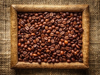 Fototapeta premium Aerial Coffee Bean Harvest, Drone Photography, Burlap Sack, Roasted Coffee Beans, Coffee Plantation, Agriculture, Top View