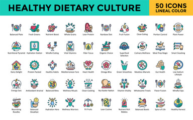 Healthy Dietary Culture icon set with balanced plate, fresh greens, nutrient boost, whole grains, lean protein, rainbow diet, fruit fusion, clean eating icon. Simple lineal color vector 
