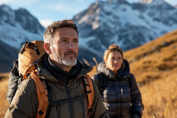 Two Adventurers Hiking in Beautiful Mountain Landscape During Golden Hour Light with Majestic Peaks