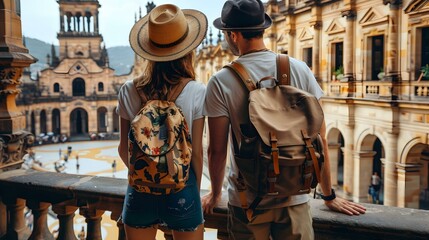 Couple with backpacks admiring a historical city square.