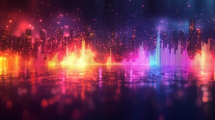 Naklejka premium Neon city skyline at night reflecting on water; vibrant, futuristic scene; use for poster or wallpaper