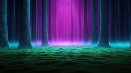Glow forest concept. A mystical forest illuminated by ethereal lights in purple and blue shades.