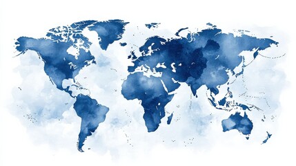 A detailed political world map in blue tones, isolated on white background