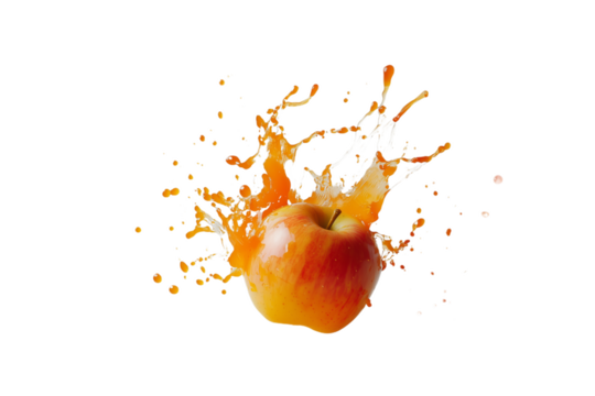 Close-up view of a red and yellow apple falling to the ground, creating a burst of orange splash, capturing the moment of impact with vibrant colors