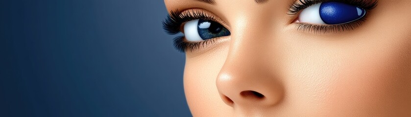 Fototapeta premium Woman's eye close-up, blue background, beauty