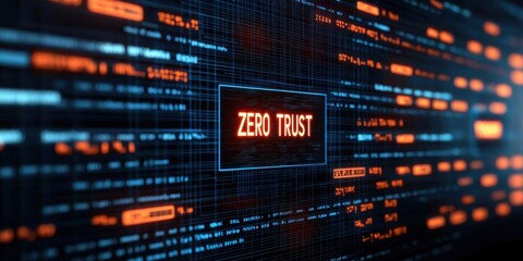 A digital representation featuring the phrase "ZERO TRUST" amid a backdrop of glowing data codes, emphasizing cybersecurity concepts.