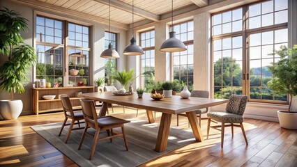 Fototapeta premium Bright Modern Room with a Wooden Table - Architectural Photography of a Light-Filled Space, Inviting Atmosphere, Contemporary Design, Natural Light, Stylish Decor, Cozy Ambiance