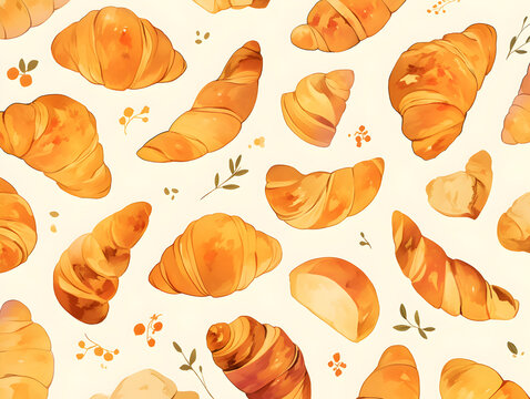 Seamless Watercolor Croissant and Botanical Pattern