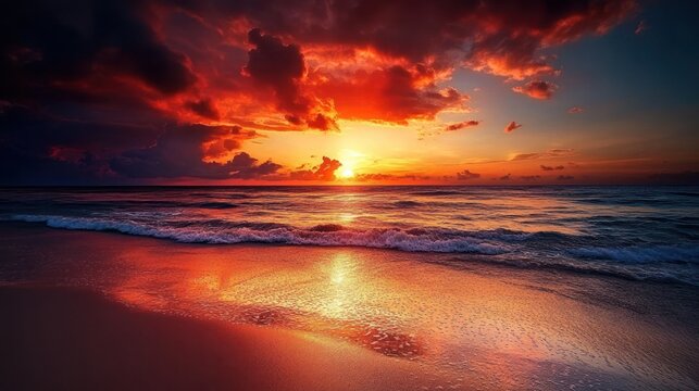 Fiery ocean sunset, beach waves, dramatic sky, calm sea