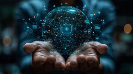 Person holding holographic digital globe, data visualization, future technology, concept