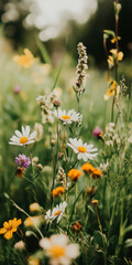 Wildflowers in vibrant summer meadow with daisies and lush greenery capturing natural beauty and tranquility