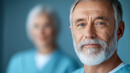 Fototapeta premium Mature Caucasian man with gray beard smiling in hospital setting healthcare professional portrait