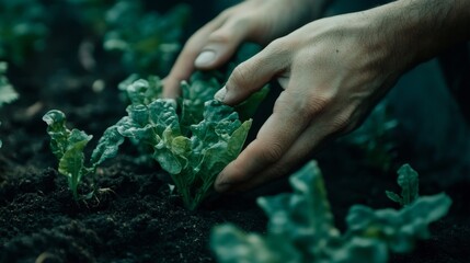 13.People hands protect green stem lettuce crops in garden