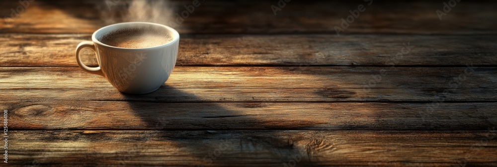 Poster warm coffee cup with steam rising on a rustic wooden table in a cozy setting during early morning ho