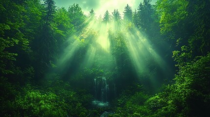 Enchanted Forest Sunlight Waterfall Scene