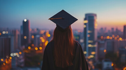 A girl student graduate in a graduation uniform and cap stands on the roof of a skyscraper and looks into the distance thinking about the future