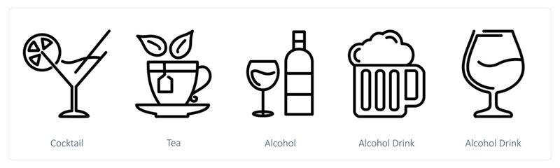 A set of 5 food icons as cocktail, tea, alcohol