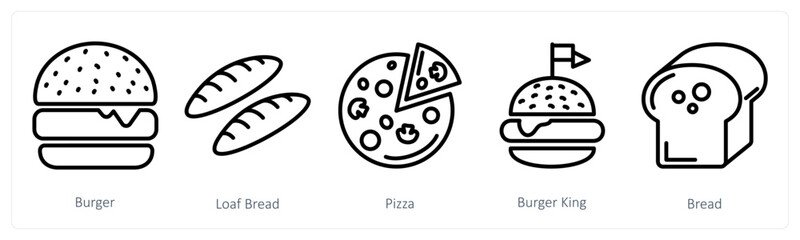 A set of 5 food icons as burger, loaf bread, pizza