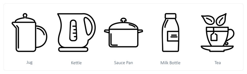 A set of 5 food icons as jug, kettle, sauce pan