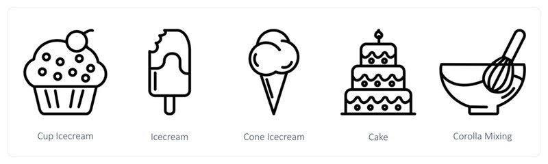 A set of 5 food icons as cup ice cream, ice cream, cone ice cream