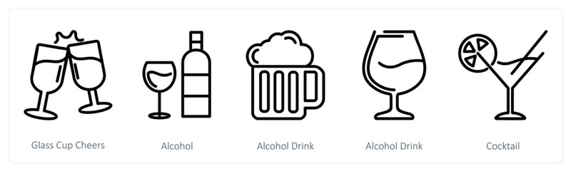 A set of 5 food icons as glass cup cheers, alcohol, alcohol drink