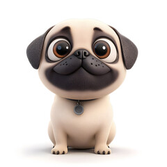 3d cartoon cute illustration of pug on white background