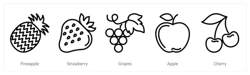 A set of 5 food icons as pineapple, strawberry, grapes