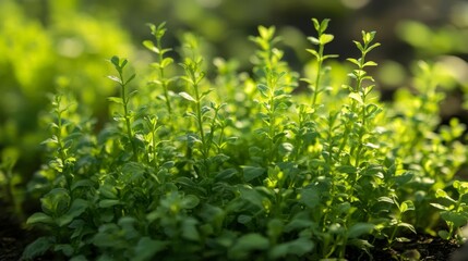 27.A detailed closeup of green stem lettuce plants growing in a sunny garden, showcasing their vibrant green foliage and healthy, upright stems.