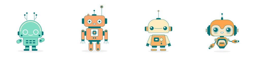 Cute smiling funny robot chat bot. AI virtual online help assist. Virtual assistant. Voice support service. Online consultation. Customer support logo. Cartoon character. Vector illustration
