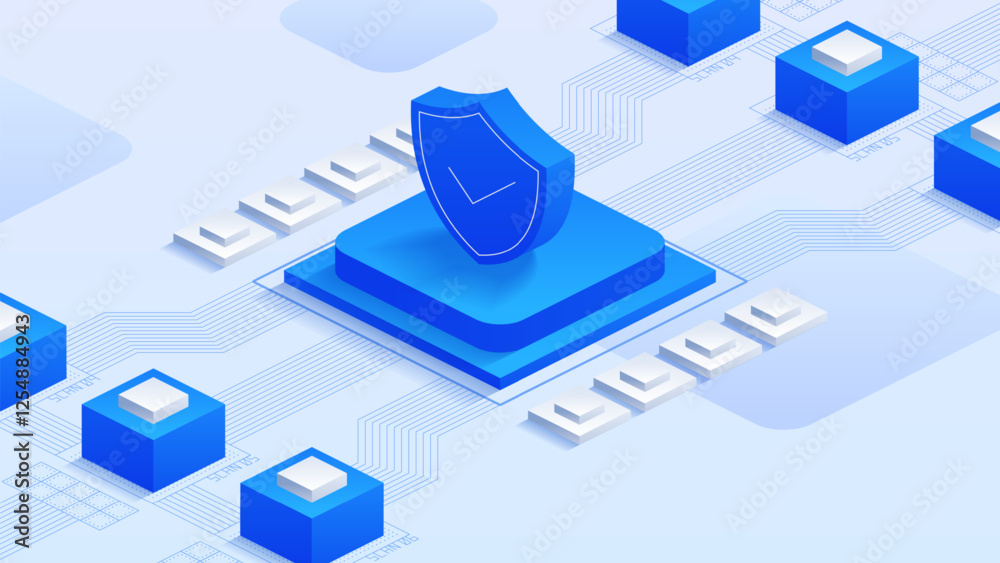 Poster futuristic cybersecurity vector concept with isometric design, showcasing advanced technology and da