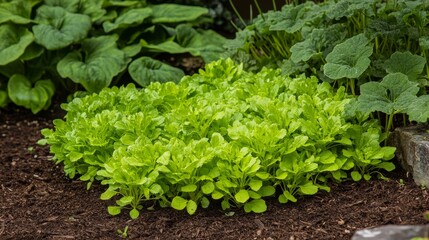 29.A vibrant and well-maintained garden featuring green stem lettuce, the fresh leaves and sturdy stems highlighted against the contrasting earth tones.