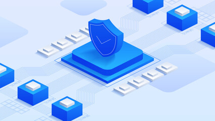 Futuristic cybersecurity vector concept with isometric design, showcasing advanced technology and data protection in a digital environment. Ideal for tech-related projects and presentations.