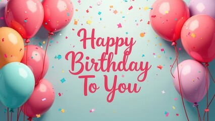 Happy birthday to you pink text with balloons and glitter confetti decoration element for birthday greeting card design