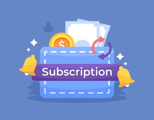 automatic subscription service concept. automatic subscription renewal or payment. renewing subscription. illustration of a wallet with money. technology and programs. flat style design. elements