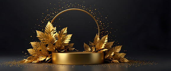 Gold podium for product presentation vector illustration. Abstract empty golden award platform with neon glowing round frame and rays, glitter confetti sparkle rain falling from above background