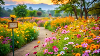 Vibrant Flower Garden Pathway Under Sunset Sky with Mountain View