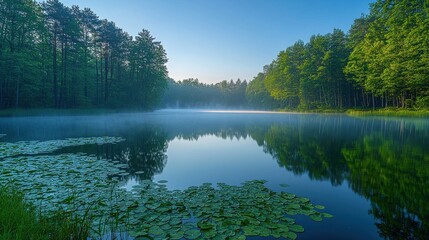 Fototapeta premium Misty Morning at the Serene Forest Lake