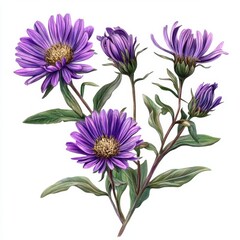 Obraz premium Beautiful Purple Flowers with Buds and Leaves, Perfect for Nature and Floral Illustrations