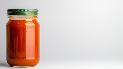 A simple and clean design of a glass jar containing fresh tomato sauce with a green metal lid, ideal for packaging or recipe illustrations