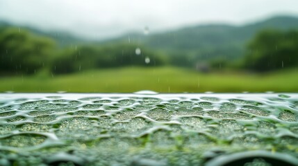 Fototapeta premium 63.A detailed shot of water droplets forming intricate patterns on a smooth glass surface, with a lush green landscape blurred in the background, evoking a calm rainy day ambiance.